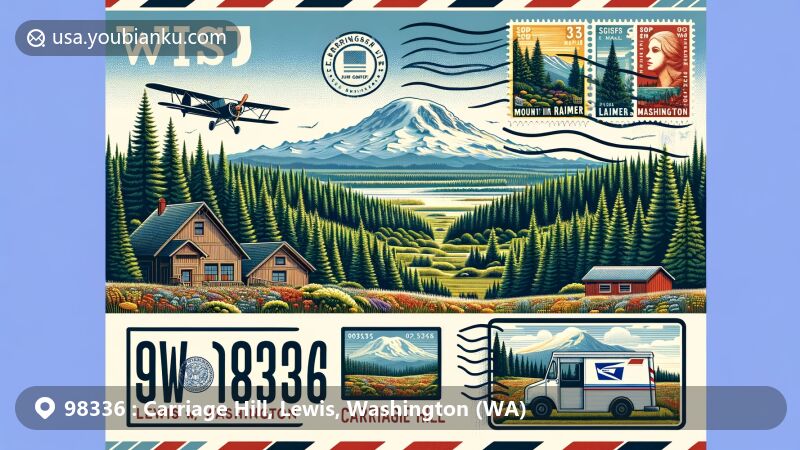 Modern illustration of Carriage Hill, Lewis County, Washington, highlighting postal theme with ZIP code 98336, featuring Mount Rainier National Park and lush evergreen forests.