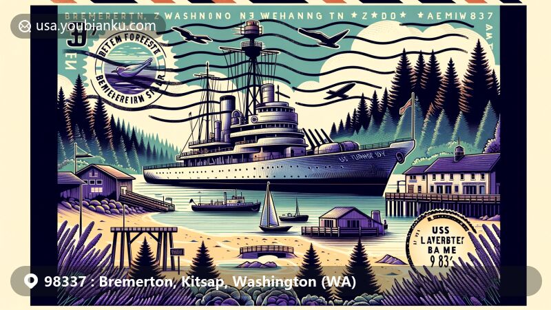 Modern illustration of Bremerton, Washington, featuring ZIP code 98337, showcasing naval heritage with USS Turner Joy Museum Ship, Kitsap Forest Theater, and Purple Scent Lavender Farm, incorporating elements of vintage airmail envelope.