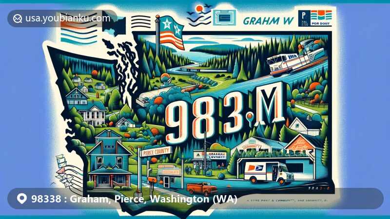 Modern illustration of Graham, Pierce County, Washington, showcasing postal theme with ZIP code 98338, featuring geographical elements, lush greenery, and Pacific Northwest landscapes.