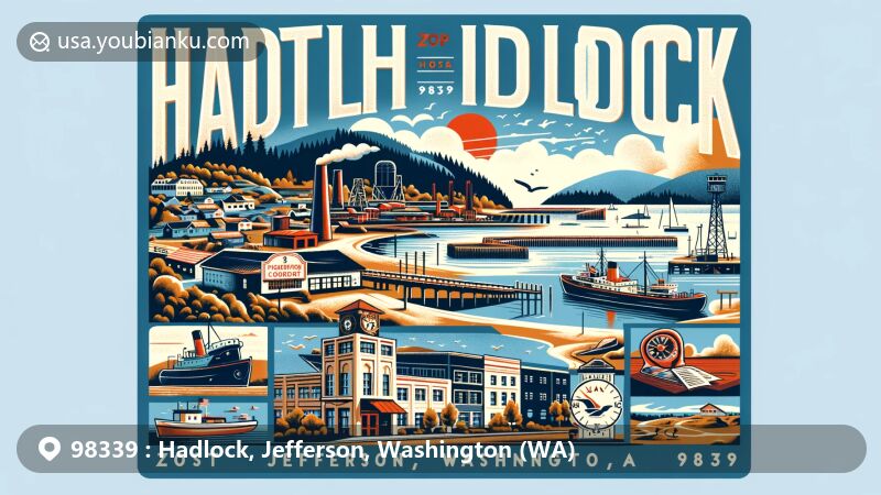 Modern illustration of Hadlock, Jefferson, Washington, showcasing postal theme with ZIP code 98339, featuring Port Hadlock-Irondale's waterfront charm, historical landmarks, and recreational facilities.