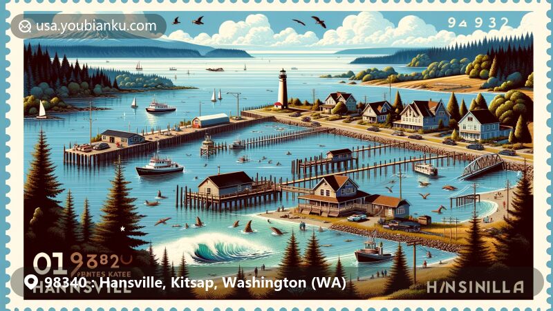 Modern illustration of Hansville, Kitsap County, Washington, highlighting Point No Point Lighthouse as a landmark, fishing, and bird watching activities, with Admiralty Inlet, Whidbey Island, and Puget Sound in the background.