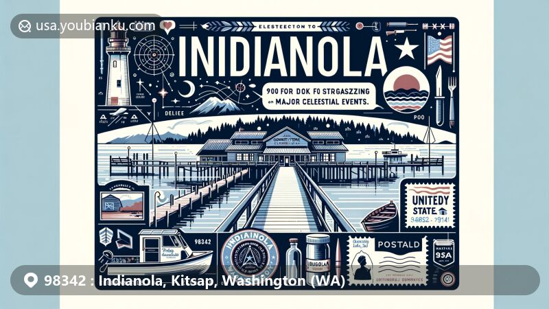Modern illustration of Indianola, Washington, showcasing iconic 900-foot dock, stargazing spot, Indianola Country Store with deli and espresso bar. Features ZIP code 98342, postcard, stamp, and US/Washington state symbols.
