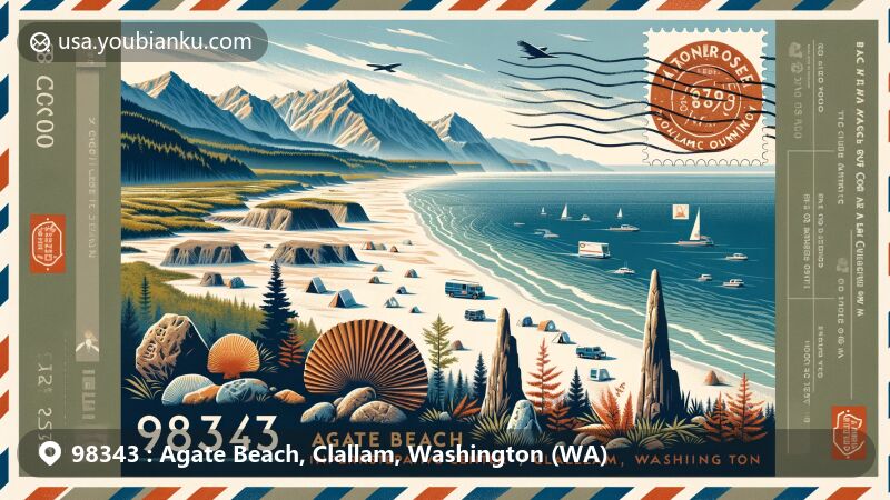 Modern illustration of Agate Beach, Clallam County, Washington, featuring Stonerose Interpretive Center and Eocene Fossil Site, showcasing fossil discoveries from the Eocene era and the region's geological importance.