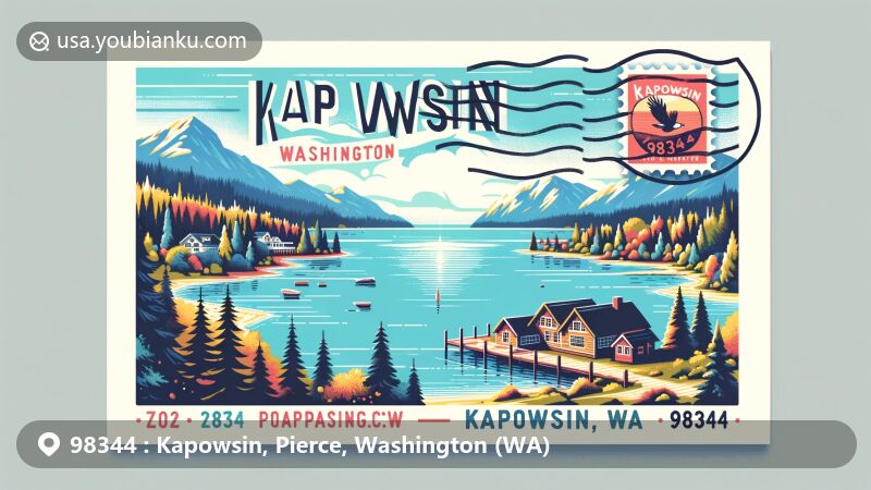 Illustration of Kapowsin, Washington, featuring Lake Kapowsin, a natural landmark formed during the Pleistocene glaciation, with postal theme elements like ZIP code 98344 stamp and Kapowsin postal mark.
