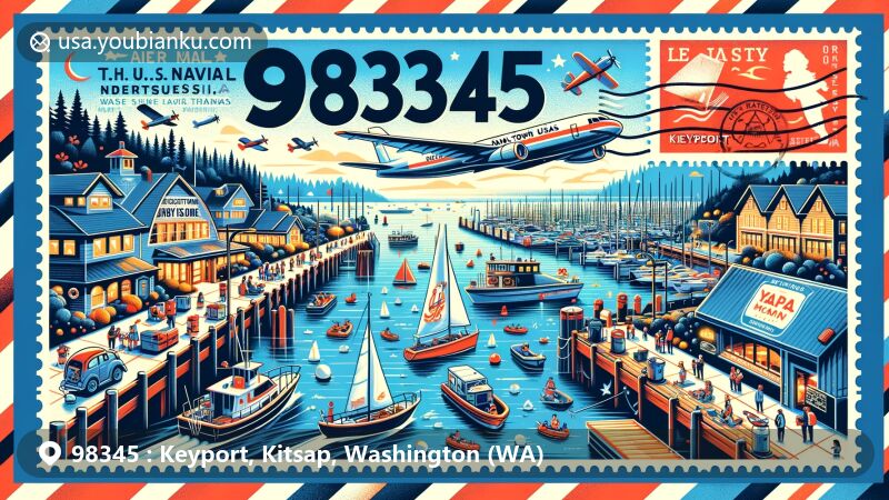 Modern illustration of Keyport, Kitsap County, Washington, creatively integrating local culture and landmarks, highlighting U.S. Naval Undersea Museum and 'Torpedo Town USA', showcasing coastal setting with water activities, featuring Port of Keyport Marina and Keyport Mercantile & Diner, incorporating postal theme with air mail envelope, museum stamp, and 'Keyport, WA 98345' postmarks.