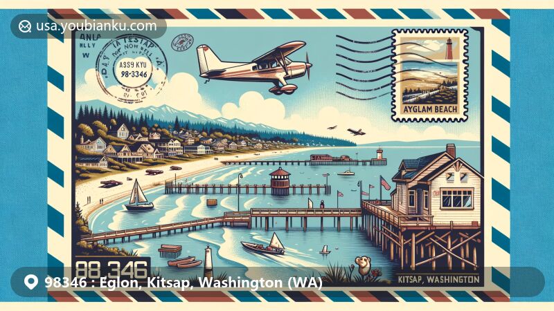 Modern illustration of Eglon, Kitsap County, Washington, featuring Eglon Beach and postal theme with vintage lighthouse, postal airplane, and ZIP code 98346.