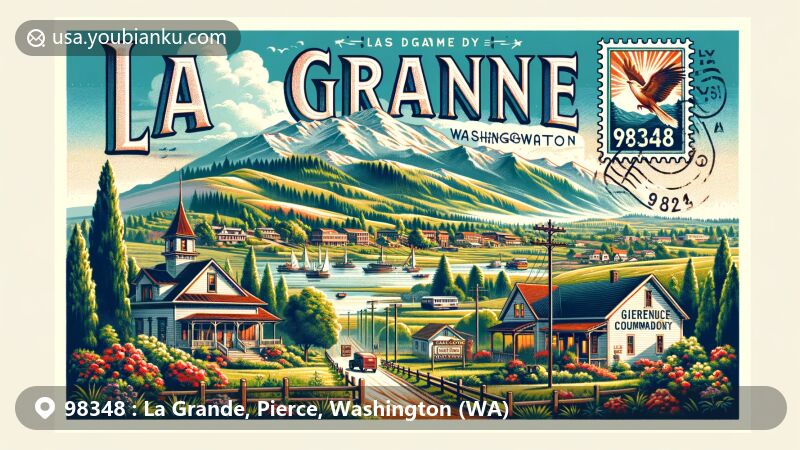 Modern illustration of La Grande, Washington, featuring lush greenery and mountains typical of Pierce County's natural landscape, with vintage postage stamp, postmark, and mailbox emphasizing the postal theme and ZIP code 98348.