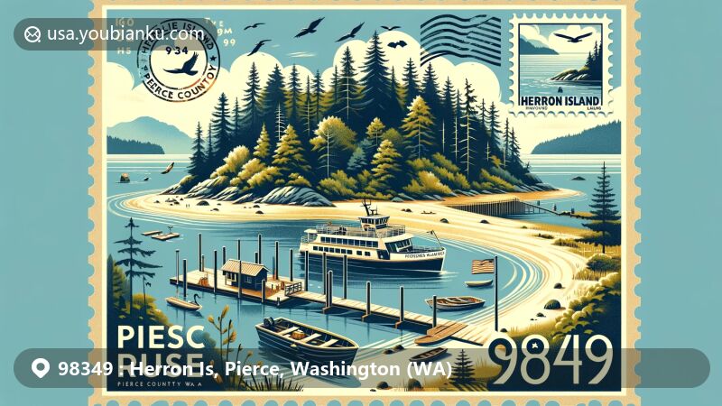 Modern illustration of Herron Island, Pierce County, Washington, showcasing postal theme with ZIP code 98349, featuring dense forests, sandy beaches, 'Charlie Wells' ferry, wildlife, and vintage postcard layout.
