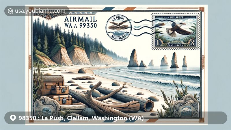 Modern illustration of La Push, Washington (WA), resembling an airmail envelope, displaying the coastal beauty with sea stacks and driftwood, adorned with a stamp of iconic sea stack and postmark 'La Push, WA 98350'. Decorative Quileute-inspired borders convey indigenous culture and natural landscapes.