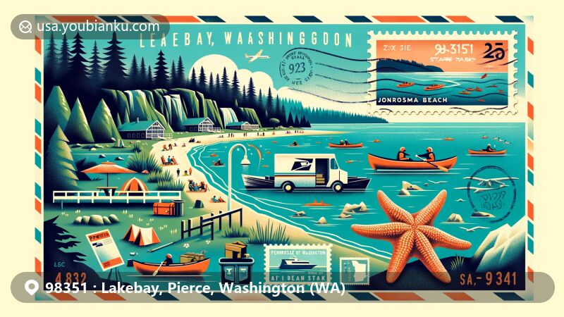 Modern illustration of Lakebay, Washington, Pierce County, featuring Penrose Point State Park and Joemma Beach State Park, showcasing natural beauty and recreational activities like kayaking and picnicking.