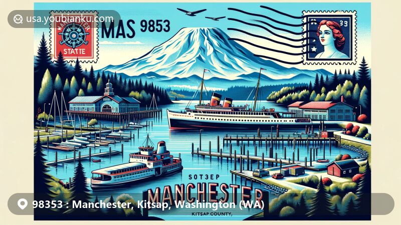 Modern illustration of Manchester area in Kitsap County, Washington State, featuring Puget Sound, Mount Rainier, vintage ferries, Manchester Fuel Depot, Manchester State Park, and postal elements.