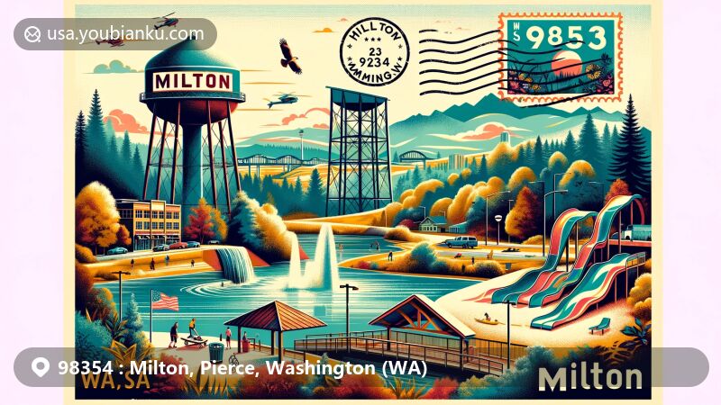 Modern illustration of Milton, Pierce County, Washington, showcasing postal theme with ZIP code 98354, featuring Hill Tower Park water tower, Milltown Commons skatepark, Milton Community Park, and West Milton Nature Preserve.