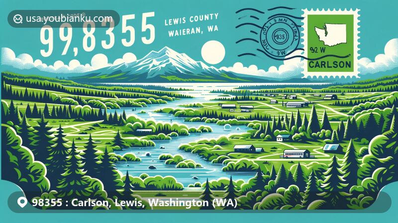 Modern illustration of Carlson, Mineral in Lewis County, Washington, highlighting ZIP code 98355 and Pacific Northwest landscapes, featuring lakes, streams, forests, and postal elements.