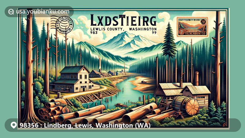 Modern illustration of Lindberg, Lewis County, Washington, depicting the town's logging history at the intersection of State Route 7, capturing the natural beauty of the Cascade range and Mt. Rainier and Mt. St. Helens.