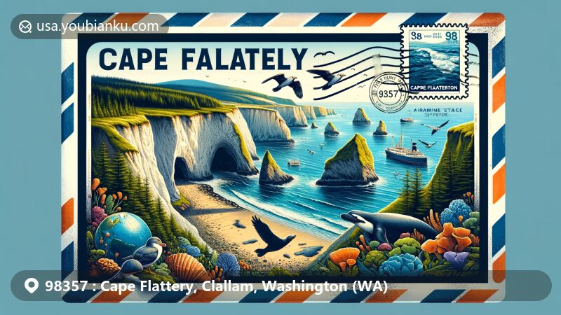Modern illustration of Cape Flattery, Clallam, Washington, ZIP code 98357, featuring sea caves, cliffs, and wildlife like seals or whales in an airmail envelope frame.
