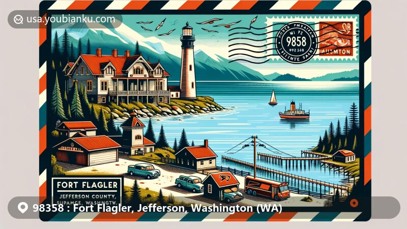 Modern illustration of Fort Flagler, Jefferson, Washington (WA), highlighting postal theme with ZIP code 98358, featuring Fort Flagler State Park, Marrowstone Point Lighthouse, Olympic and Cascade Mountains, and Puget Sound.