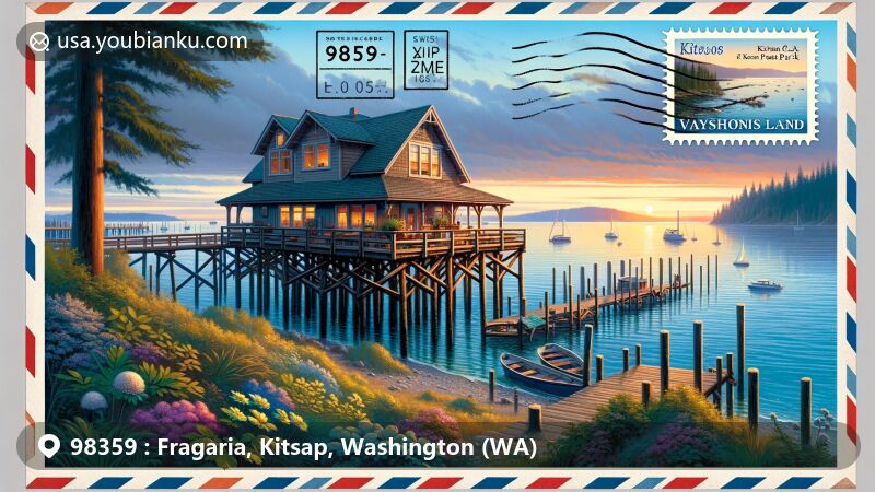 Artistic representation of Fragaria, Kitsap County, Washington, showcasing scenic waterfront with iconic stilt houses over Puget Sound, framed by local flora related to area's strawberry heritage.