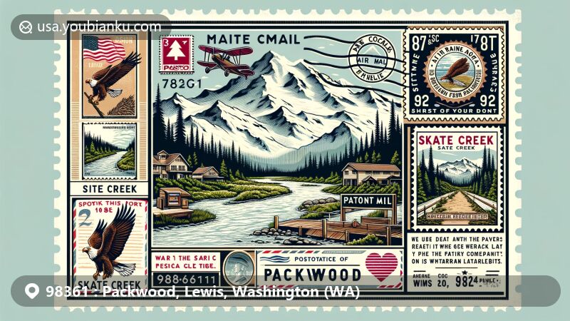 Modern illustration of Packwood, Washington, showcasing postal theme with ZIP code 98361, featuring Tatoosh Range, Mount Rainier stamp, and Skate Creek.
