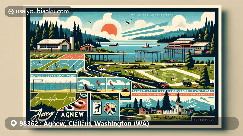 Modern illustration of Agnew, Clallam County, Washington, featuring vintage postcard design with ZIP code 98362, highlighting lush greenery and recreational landmarks like Agnew Soccer Fields and Clallam Bay Spit Community Beach County Park.
