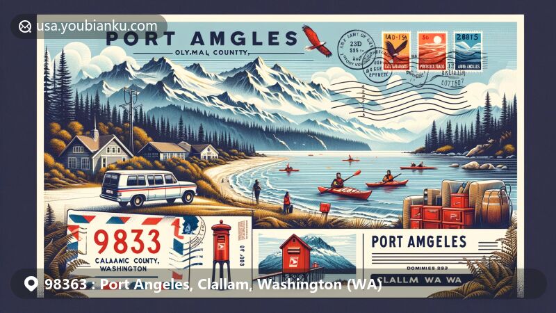 Modern illustration of Port Angeles, Clallam County, Washington, featuring ZIP code 98363, showcasing the Olympic Mountains and Juan de Fuca Strait, with a vintage air mail envelope, stamp, postal mark, classic red mailbox, and outdoor activities like hiking and kayaking.