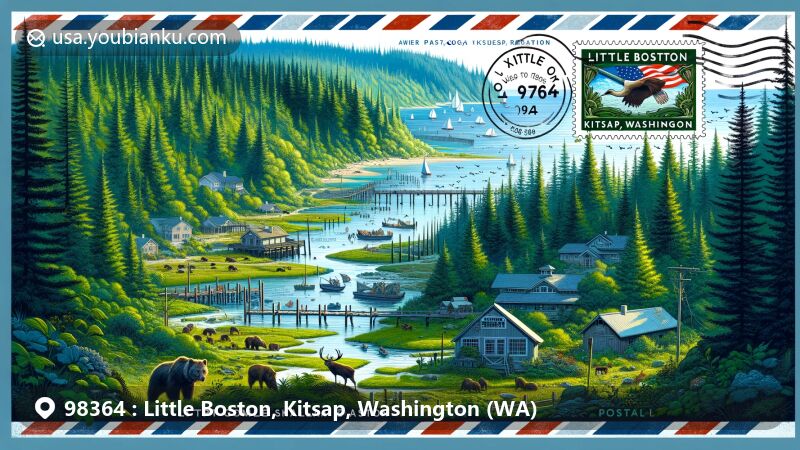 Modern illustration of Little Boston, Kitsap, Washington, featuring Port Gamble S'Klallam Reservation's lush forested landscape, wildlife like deer and bears, Port Gamble Bay, traditional homes, and community life.