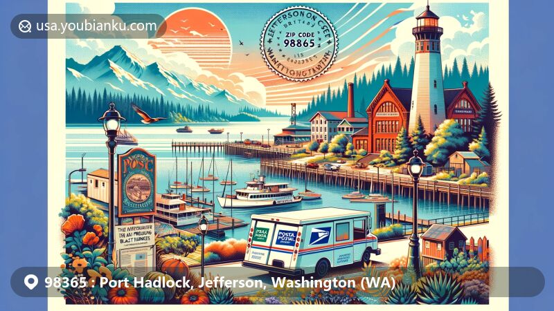 Modern illustration of Port Hadlock, Jefferson County, Washington, capturing the essence of ZIP code 98365 with local geography, postal themes, and iconic landmarks like the first blast furnace in Washington Territory.