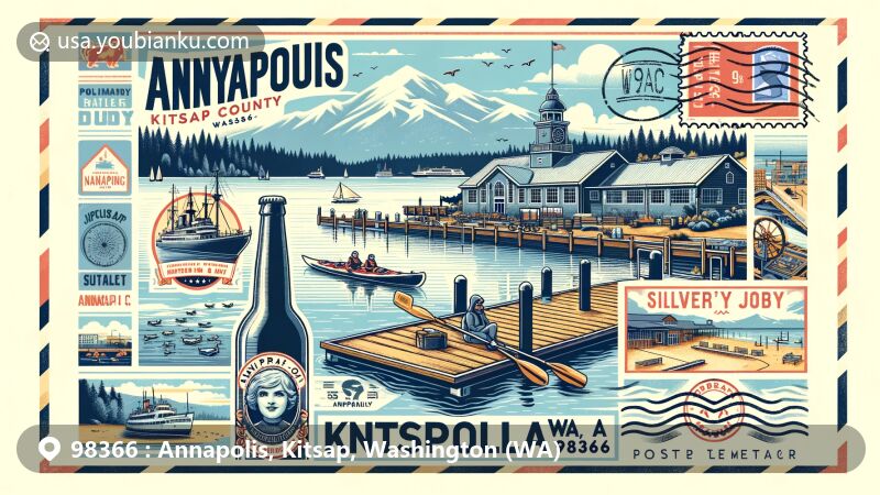 Modern illustration of Annapolis, Kitsap County, Washington, featuring USS Turner Joy Museum Ship, Silver City Brewery, and postal theme with ZIP code 98366, including scenic waterfront, Olympic Mountain range, and Washington state flag.