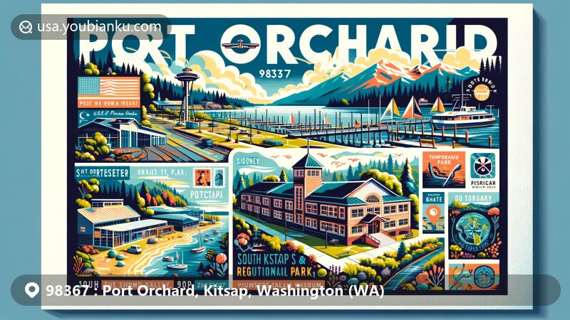 Modern illustration of Port Orchard, Washington, featuring iconic landmarks and cultural elements tied to Puget Sound, including Manchester State Park's Torpedo Warehouse and trails, South Kitsap Regional Park with mountain biking and hiking trails, Sidney Gallery and Museum, and scenic views of Sinclair Inlet.