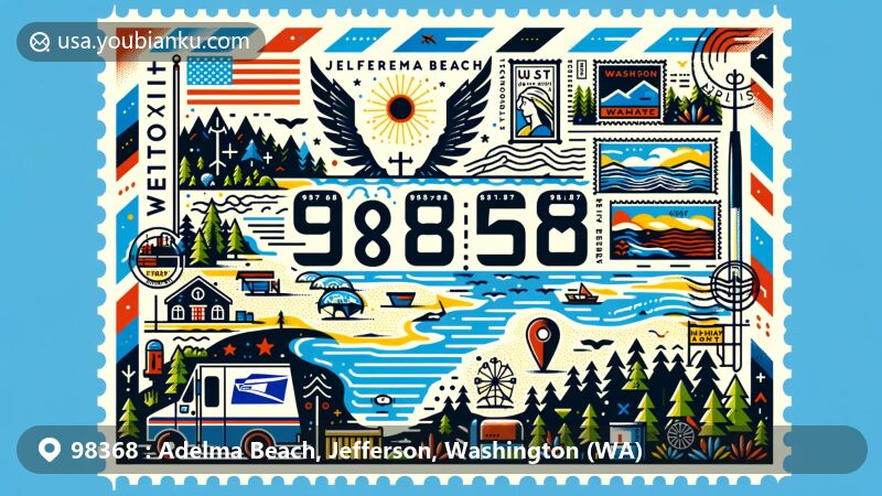 Modern illustration of Adelma Beach's ZIP Code 98368, Jefferson County, Washington State, blending natural landscapes and postal themes including a van, mailbox, postal marks, Jefferson County map outline, and Washington state flag.