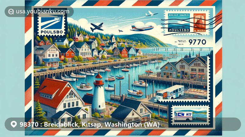 Modern illustration of Breidablick, Kitsap, Washington, portraying ZIP code 98370 with a postal theme, featuring Poulsbo's Little Norway area, airmail envelope, waterfront marina, traditional Norwegian buildings, vintage stamps of Point No Point Lighthouse, and rural landscapes.