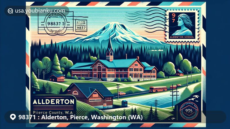 Modern illustration of Alderton, Pierce County, Washington, showcasing the lush natural environment and iconic Alderton School, with a stylized depiction of Mount Rainier in the background and vintage postal elements.