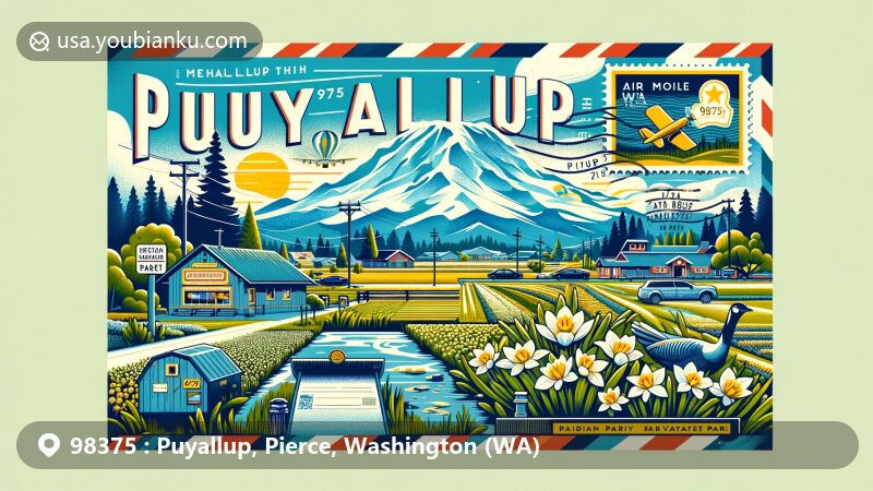 Modern illustration of Puyallup, WA, with ZIP code 98375, depicting Mount Rainier, Daffodil Parade, Meridian Habitat Park, and postal elements, celebrating the city's scenic beauty, agricultural heritage, and community spirit.