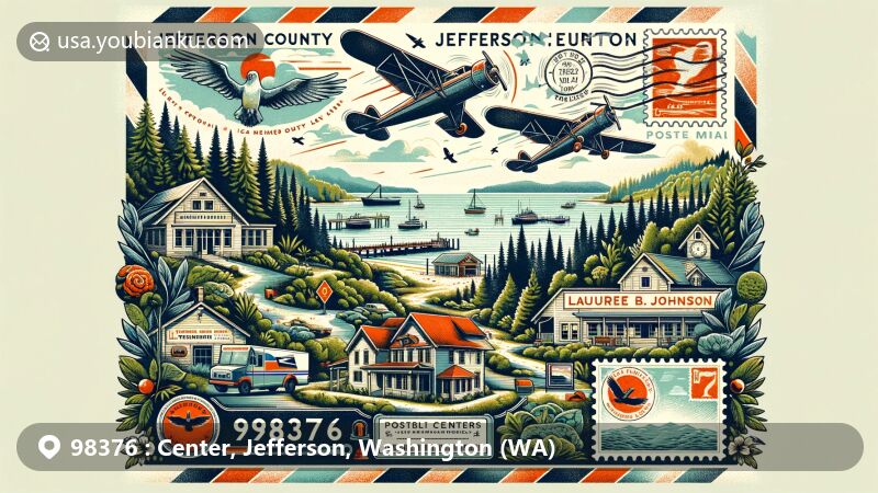 Modern illustration of the Center, Jefferson, Washington area, showcasing natural and cultural heritage with postal themes, including forests, bays, islands, and the Laurel B. Johnson Community Center, featuring vintage air mail elements, postal stamps, ZIP code 98376, and postal symbols.