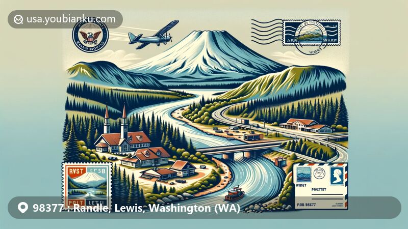 Creative illustration of Randle, Washington, in Lewis County, highlighting Mount St. Helens, Gifford Pinchot National Forest, Cowlitz River, and Randle Ranger Station, with postal elements and ZIP code 98377.