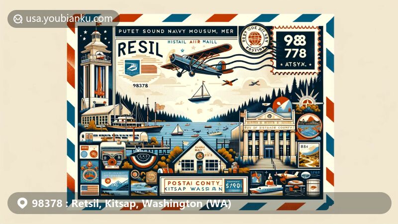 Modern illustration of Retsil, Kitsap, Washington, representing ZIP code 98378 with air mail envelope, Puget Sound, Puget Sound Navy Museum, Kitsap County map, and postal-themed decorative elements.