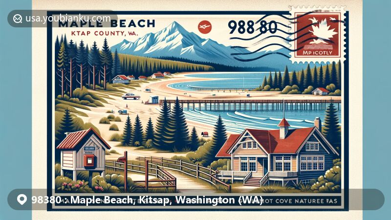 Modern illustration of Maple Beach, Kitsap County, Washington, featuring Scenic Beach State Park, Olympic Mountain range, Emel House, and Guillemot Cove Nature Reserve.