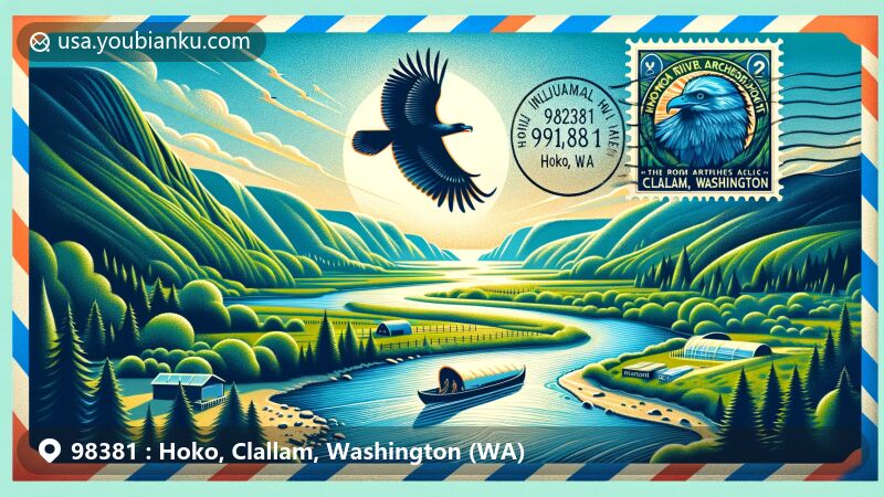 Vivid illustration of Hoko, Clallam, Washington, displaying an open airmail envelope with scenic Hoko River and Archaeological Site, melding region's history and natural beauty.