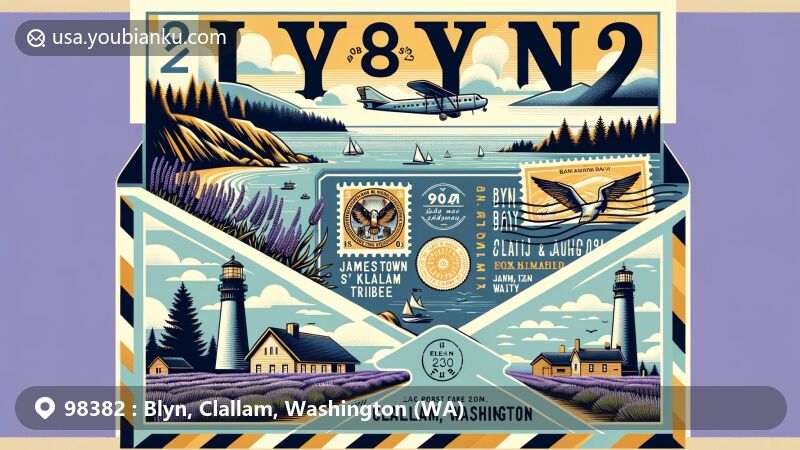 Modern illustration of Blyn, Clallam County, Washington, in ZIP code 98382, resembling a postcard or air mail envelope, featuring Sequim Bay, Jamestown S’Klallam Tribe symbols, lavender fields, and New Dungeness Lighthouse.