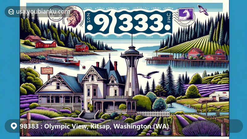 Modern illustration of Olympic View, Kitsap County, Washington, featuring Victorian architecture, lavender farms, Hoh Rain Forest, Hurricane Ridge, Lake Crescent, and showcasing postal theme with ZIP code 98383.