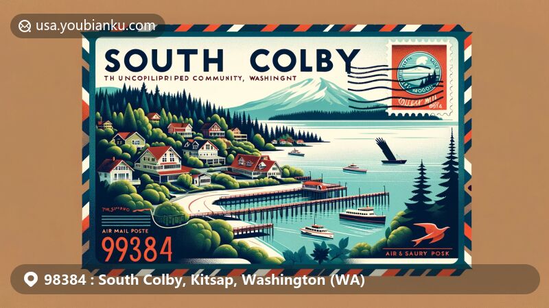 Modern illustration of South Colby, Washington, with postal theme featuring '98384' ZIP code, vintage air mail envelope, postcard view of Yukon Harbor. Includes stylized Blake Island State Park stamp in vibrant Pacific Northwest landscape.