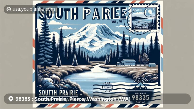 Illustration of South Prairie, WA, with South Prairie Creek and Mount Rainier, showcasing the region's natural beauty and postal theme with vintage air mail elements like a postage stamp and postmark.