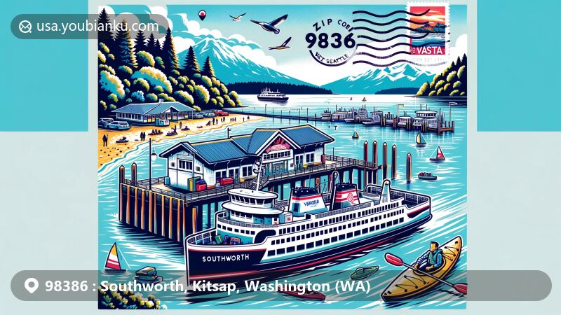Modern illustration of Southworth, Kitsap County, WA, capturing ZIP code 98386, featuring Southworth Ferry Terminal, Puget Sound, and postal theme with airmail envelope, stamp, and postmark.