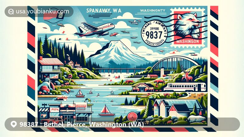 Modern illustration of ZIP code 98387, Spanaway, WA, and Pierce County with vintage postcard theme, showcasing local landmarks and symbols, including a landscape, wildlife, and notable buildings.