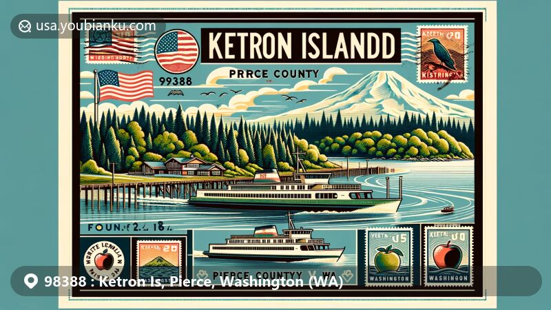Modern illustration of Ketron Island, showcasing ZIP code 98388, Pierce County, Washington, featuring lush greenery, Puget Sound, Mount Rainier outline, and postal elements with airmail border, vintage stamps, and postmark stamp.