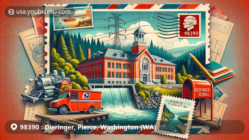 Modern illustration of Dieringer, Pierce County, Washington, marrying historical and modern elements with postal motifs, featuring Dieringer School's Georgian Revival architecture and a vintage postcard, alongside a hydroelectric power plant symbol.