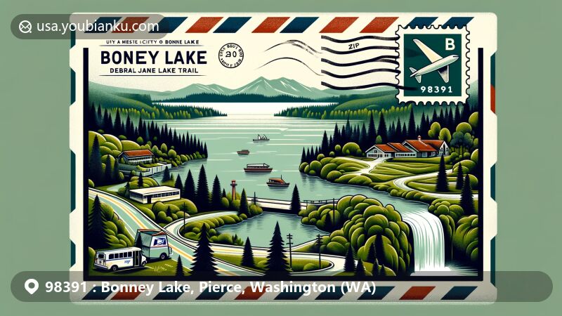 Modern illustration of Bonney Lake, Pierce County, Washington, creatively blending natural beauty with a postal theme, featuring landmarks like Bonney Lake-Debra Jane Lake Trail, Kelly Lake Park, and Victor Falls Park, ZIP Code 98391, vintage postage stamps, and a classic mailbox symbol.