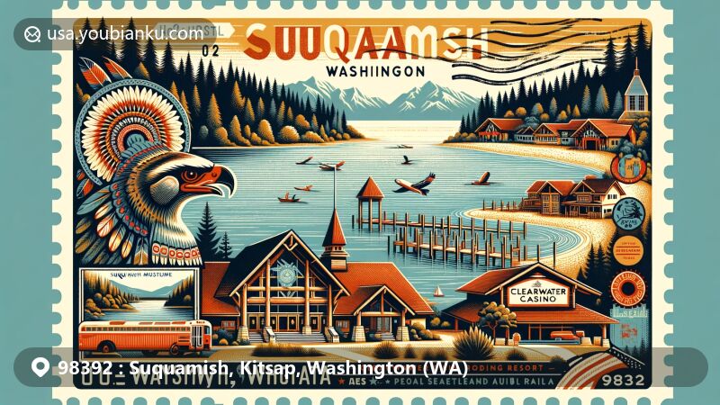 Modern illustration of Suquamish, Washington, showcasing postal theme with ZIP code 98392, featuring Suquamish Museum, Chief Seattle, Clearwater Casino Resort, and natural beauty of Puget Sound.