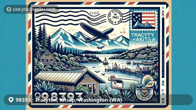 Modern illustration of Tracyton, Kitsap County, Washington (WA), inspired by ZIP code 98393, resembling an air mail envelope featuring iconic landscapes like the Olympic Mountains and postal elements like a stamp of the Washington state flag and elegantly depicted mailbox.