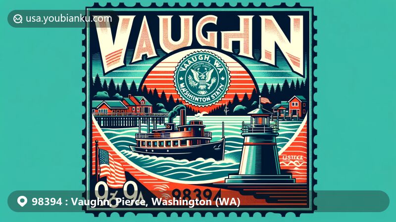 Modern illustration of Vaughn, Pierce County, Washington, showcasing Vaughn Bay with a vintage postcard theme and postal elements like a postage stamp, postmark, and steamboat, representing the area's history as a port. The Washington state flag adds a touch of state identity.