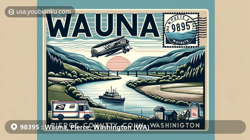 Modern illustration of Wauna area, Pierce County, Washington, featuring tranquil Columbia River and postal theme with ZIP code 98395, showcasing scenic beauty and riverside location.